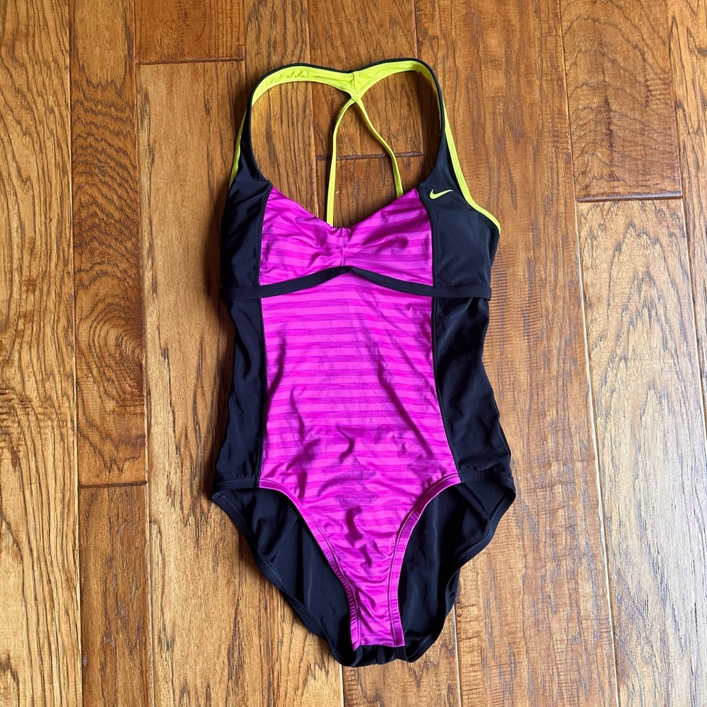 Nike Racerback Tie Back Pink Stripe One Piece Swimsuit Size 10
